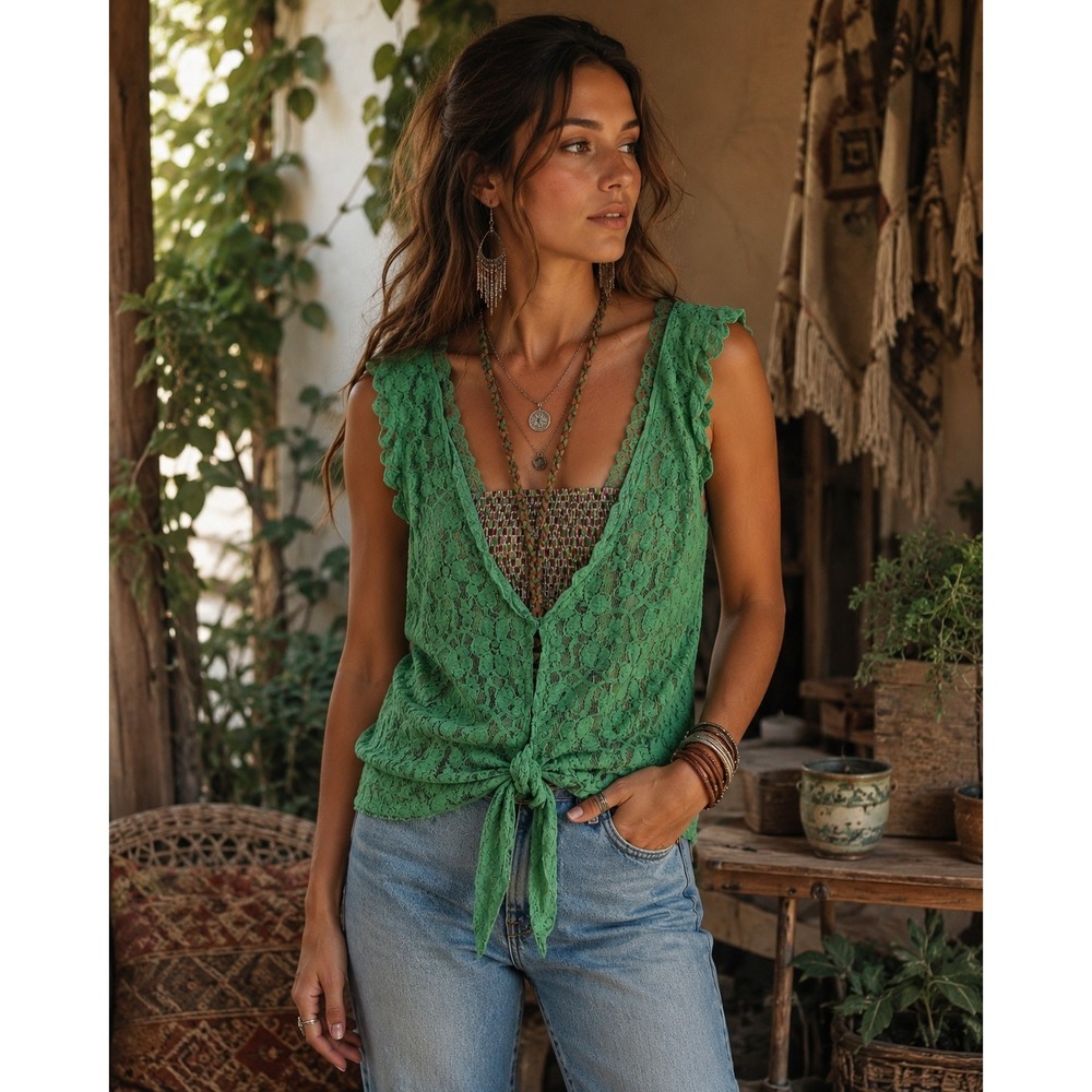 Yahada S Lace Top Boho Tie Front Braided Straps Smocked V-Neck Green Layered